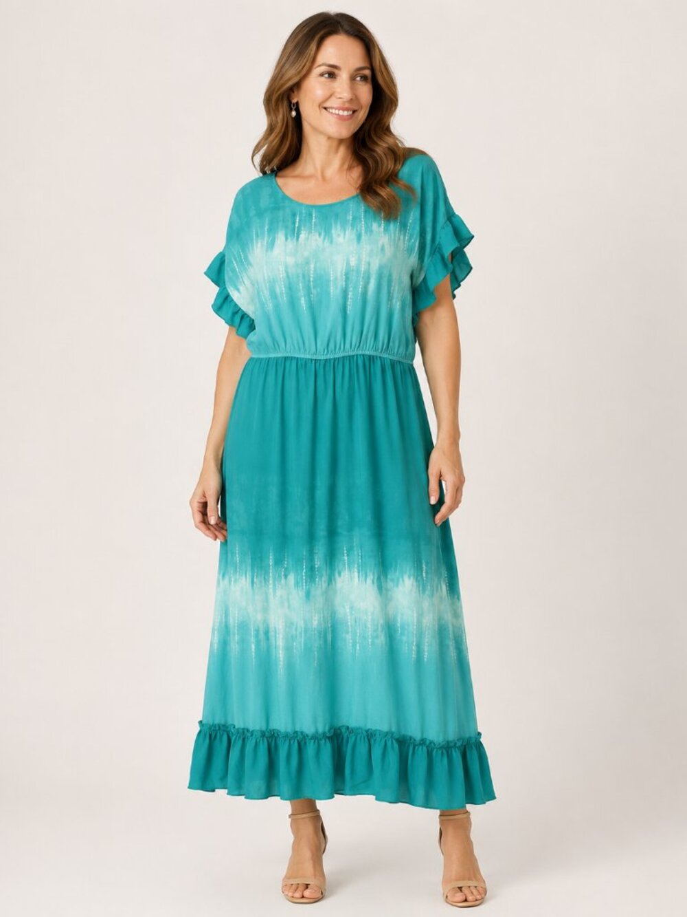 Cal Style Women Tie-Dye Boho Maxi With Ruffle Sleeves & Hemline Dress  Size 2XL